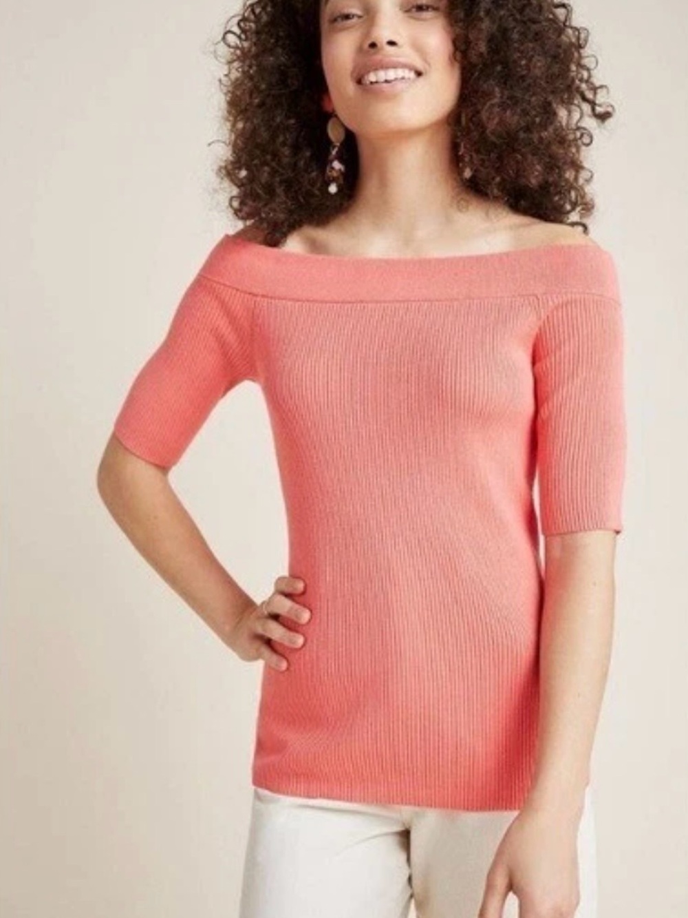 Anthropologie women's ribbed coral pink off shoulder knit top XS